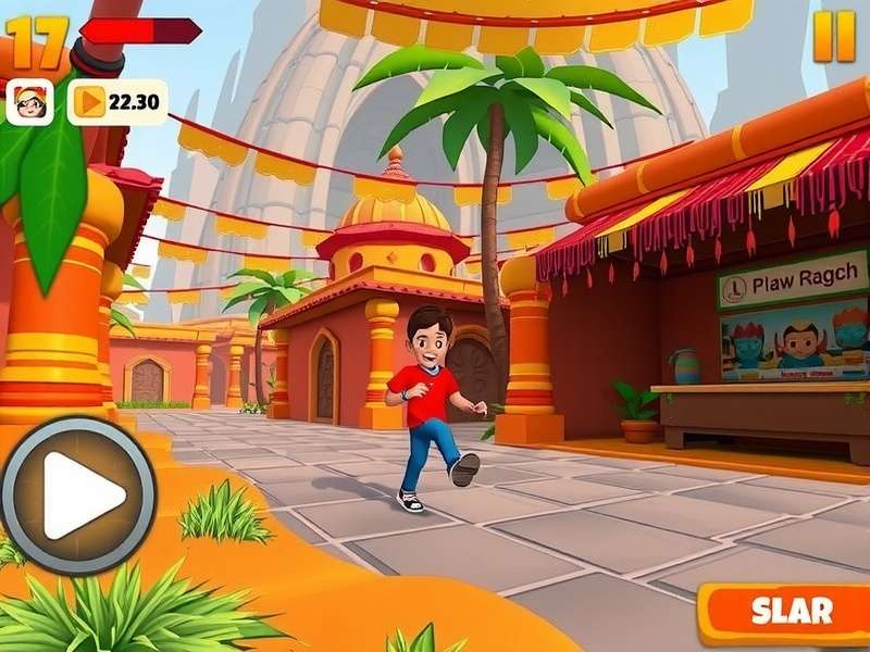 Sacred Path Dash game screenshot showing a character running through a colorful Indian village